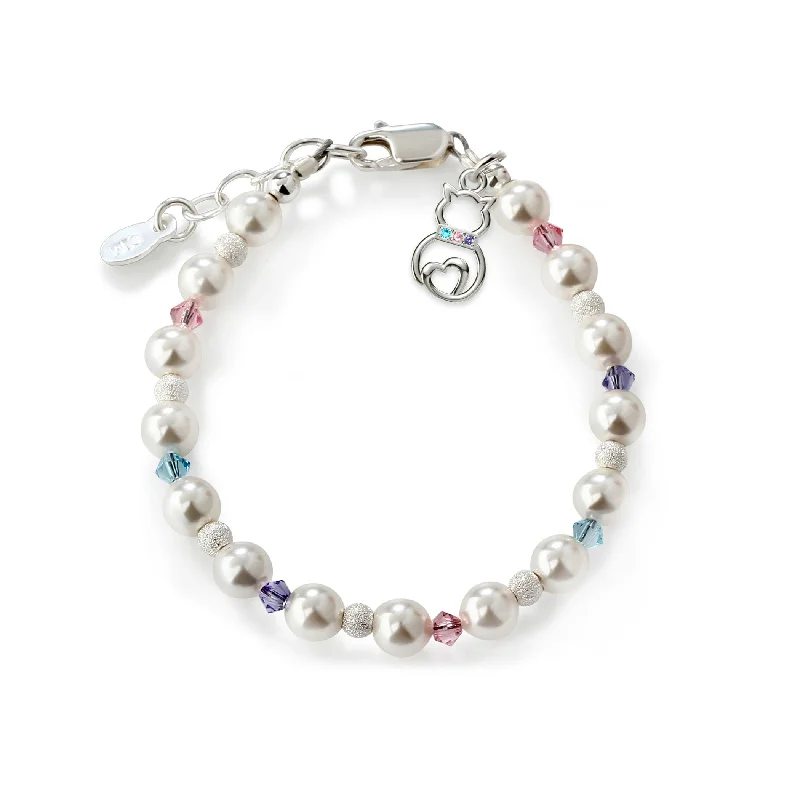 Strand cord bracelets-Sterling Silver Bracelet with Cat Charm, Pearls, and Rainbow Crystals for Girls, Toddlers and Kids