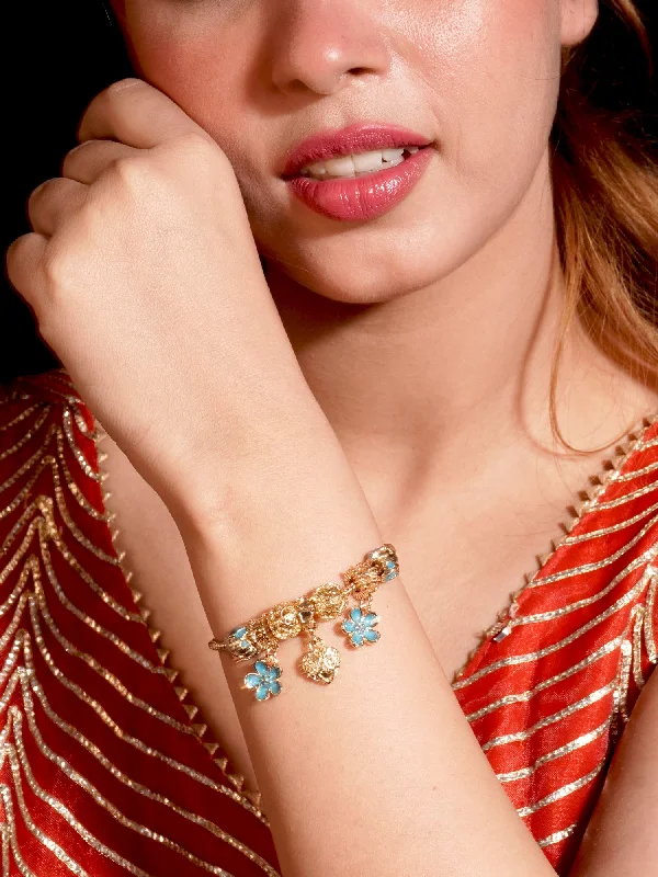 Slim rose bangles-Fancy Gold-Plated Blue Flower and Heart Design Bracelet (Openable)