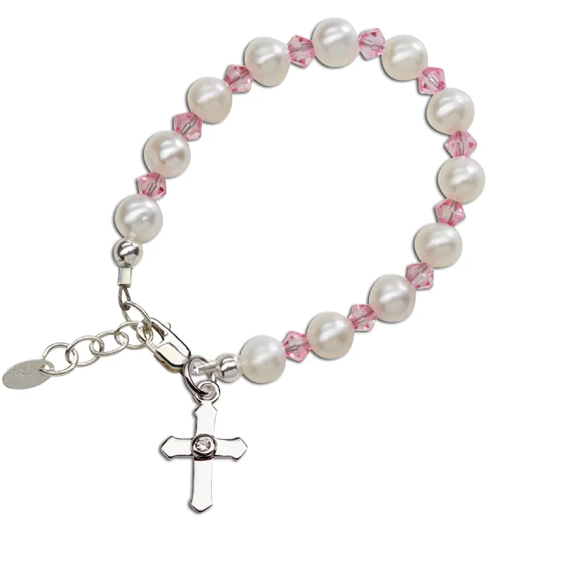 Pale wood bracelets-Sterling Silver Freshwater Pearl Pink Cross Bracelet for Little Girls