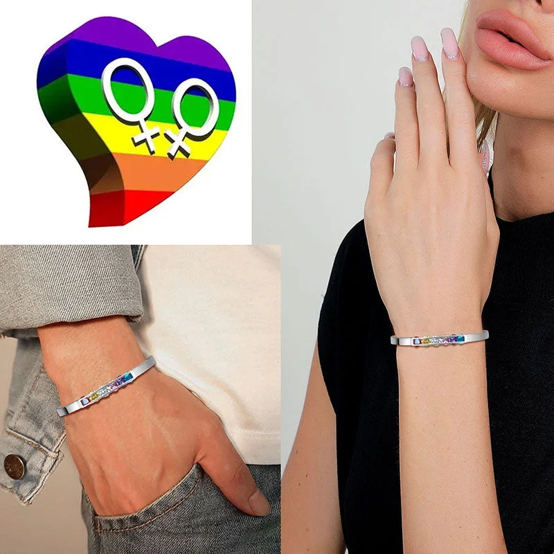 Strand cord bracelets-LGBT Rainbow Bangles Bracelet Cuff Pride Jewelry for Men Women Stainless Steel