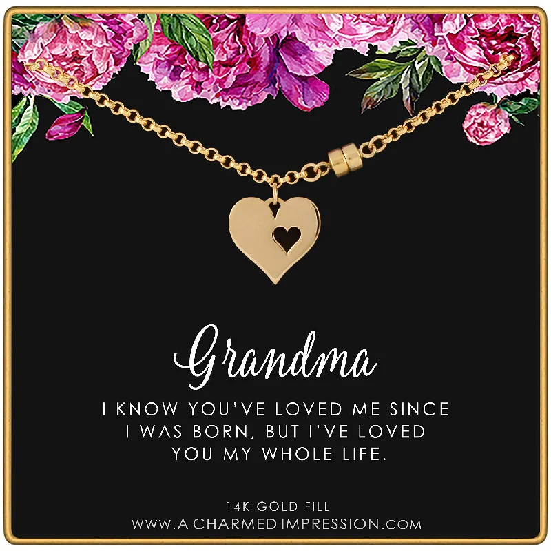 Fine dot bangles-Gold Grandma Bracelet with Card • Two Connected Hearts Charm Bracelet • Gifts for Women • Grandmother Jewelry • 14k Gold Filled Bracelet with Magnetic Clasp