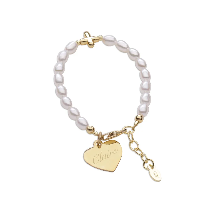 Polished bead bangles-14K Gold Plated Cultured Pearl Cross Bracelet for Baptism & Communion with FREE Engraving