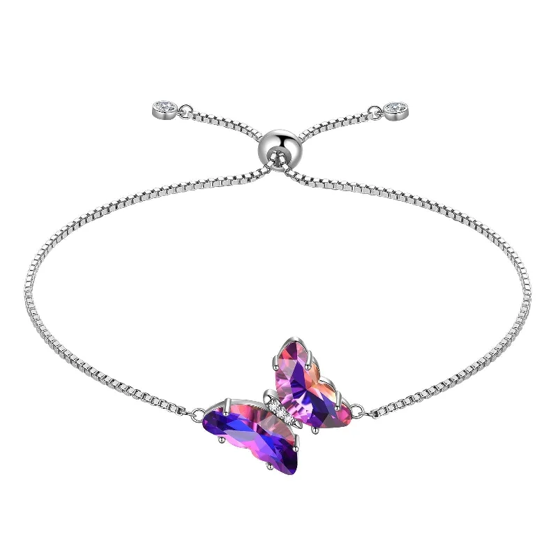 Woven fiber bracelets-925 Sterling Silver Butterfly Bracelet Birthstone Crystal Women Jewelry Gifts