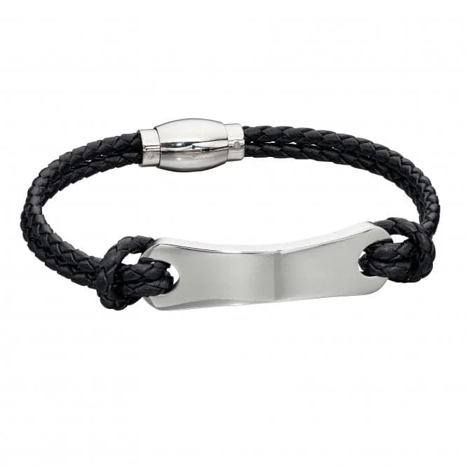 Citrine bead bracelets-Mens Woven Black Leather ID Bar Bracelet B5277