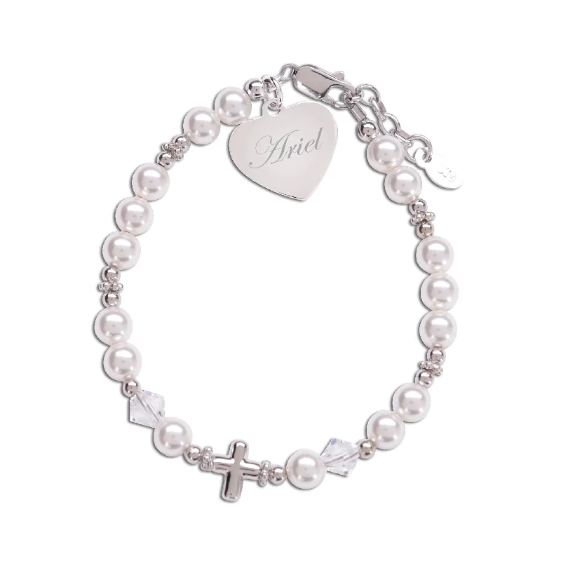 Light enamel bracelets-Girls Sterling Silver Pearl First Communion Cross Bracelet with FREE Engraving - TC-Jessica