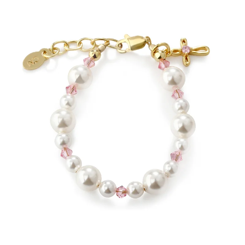 Bold gem bangles-14K Gold-Plated Pearl Pink Cross Bracelet for Baptism or First Communion