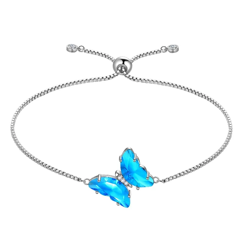 Sleek gloss bracelets-Blue Butterfly Bracelet March Aquamarine Birthstone Women Girls Jewelry Birthday Gift