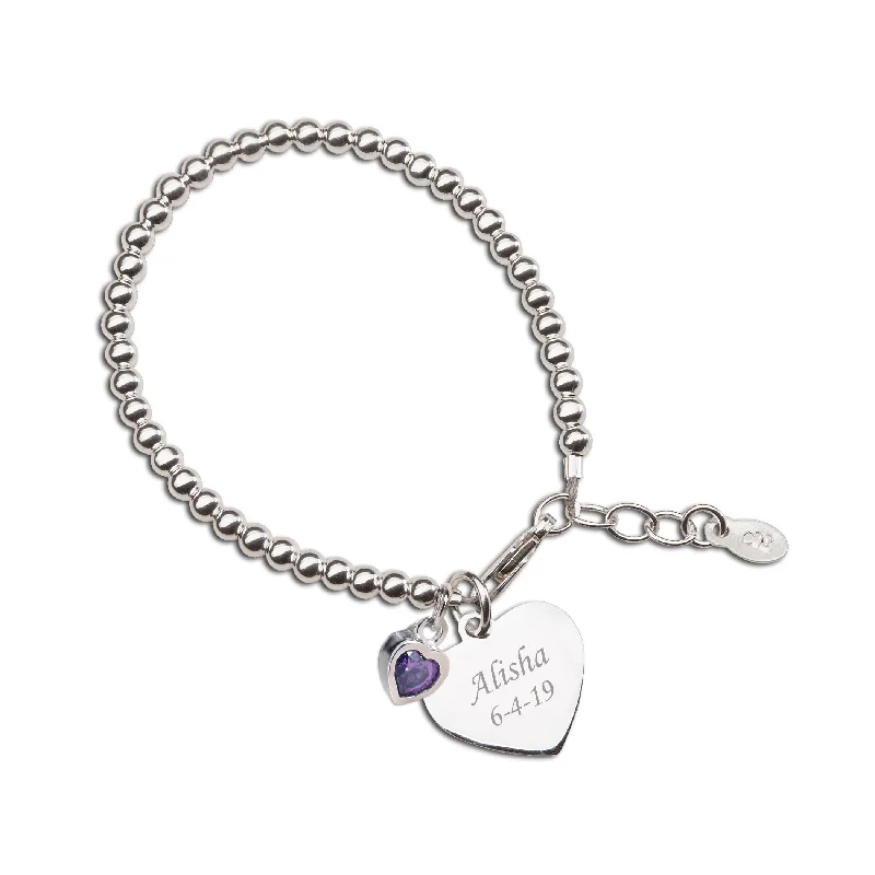 Round link bracelets-Sterling Silver Birthstone Bracelet with Engraved Heart for Babies and Girls