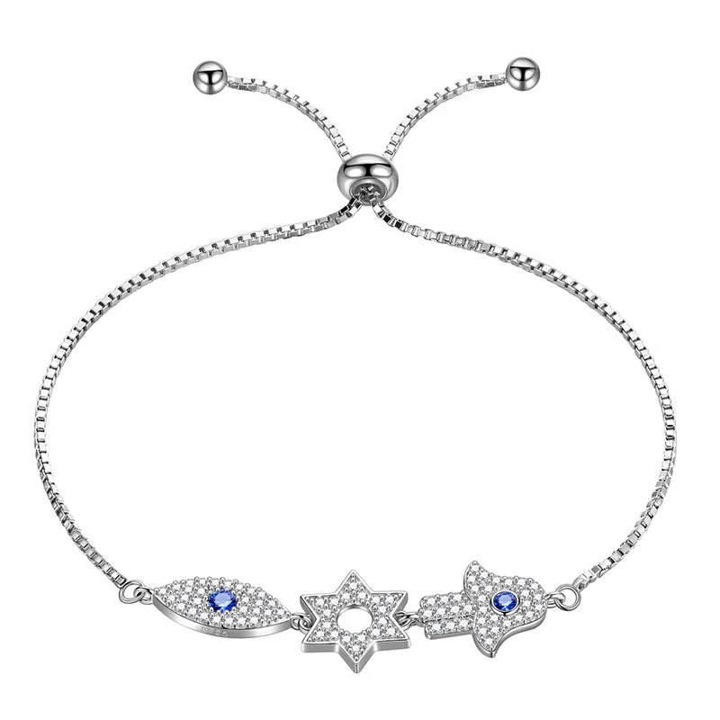 Open frame bracelets-Star of David Evil Eye Hamsa Hand Bracelet Men Womens Jewelry 925 sterling silver