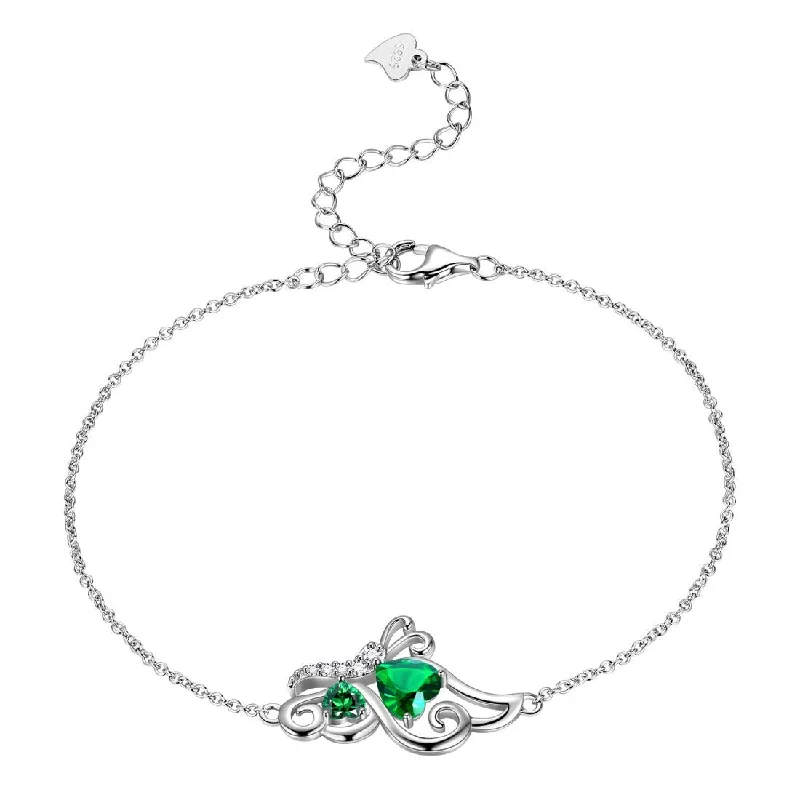 Clear diamond bracelets-Butterfly Birthstone May Emerald Bracelet Women Girls Jewelry Birthday Gift 925 Sterling Silver