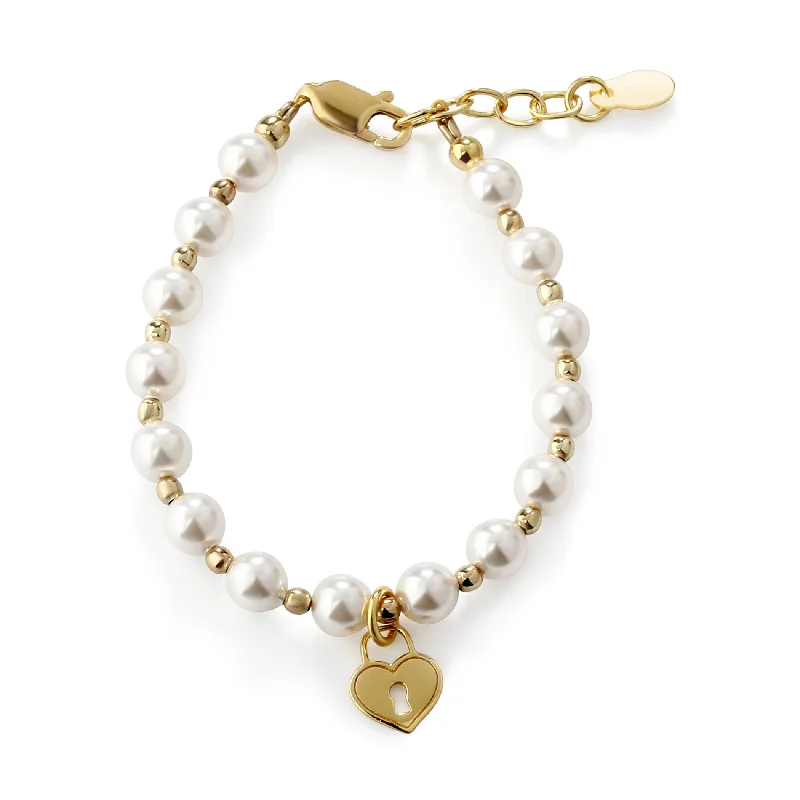 Elastic bangle bracelets-14K Gold Plated Pearl Baby Bracelet with Locket for Kids