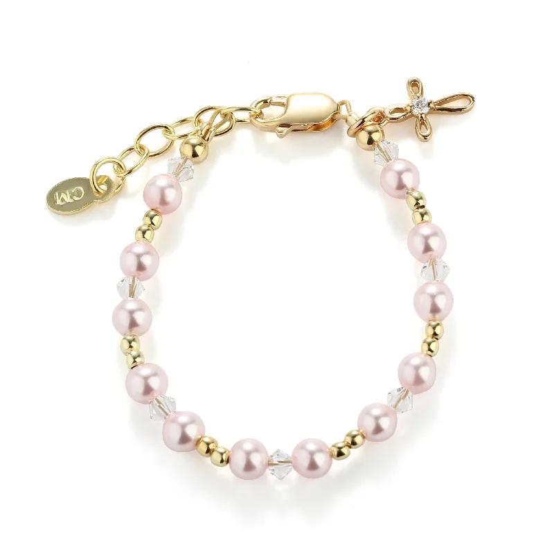 Firm chain bracelets-14K Gold-Plated Pink Simulated Pearl with Cross Bracelet for Baby Baptism or Communion Gift