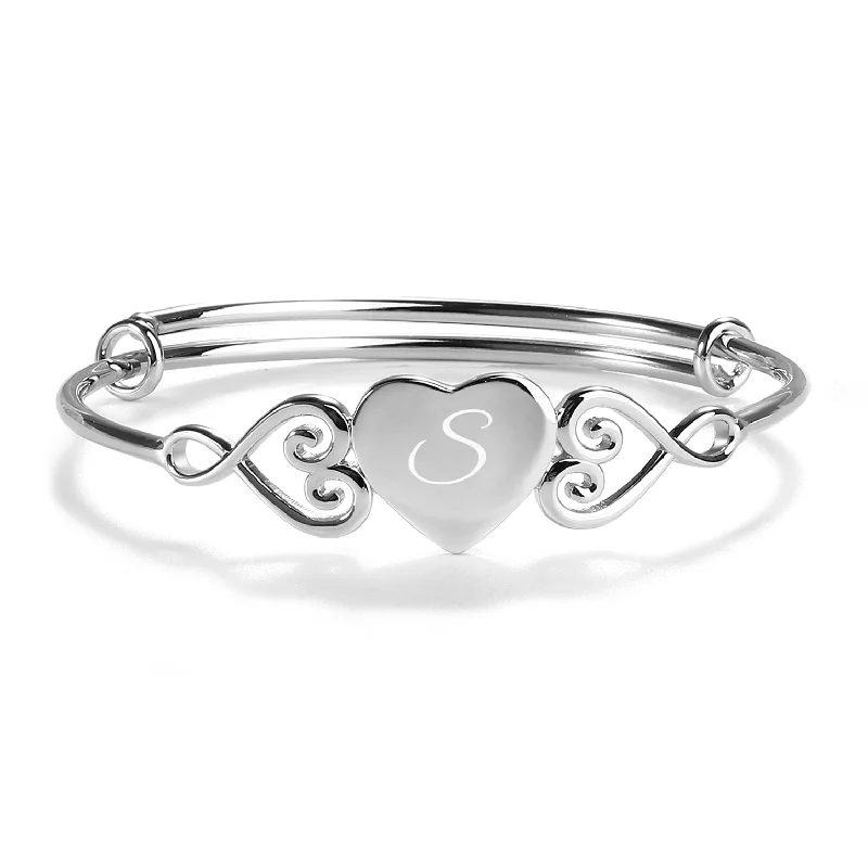 Octagon gem bracelets-Heart Bangle (Adjustable) - Sterling Silver Solid Heart Bracelet for Kids