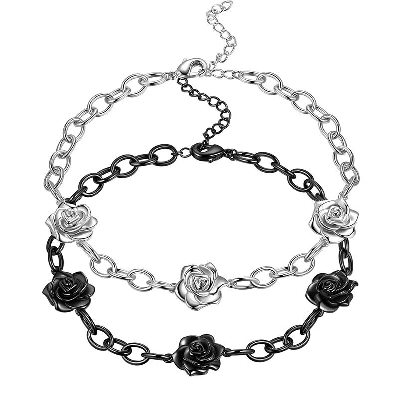 Danburite bracelets-Gothic Vintage Rose Bracelet Jewelry Women Girls 3D Rose Flower Link Chain Bracelets Romantic Birthday Valentine's Day Gifts