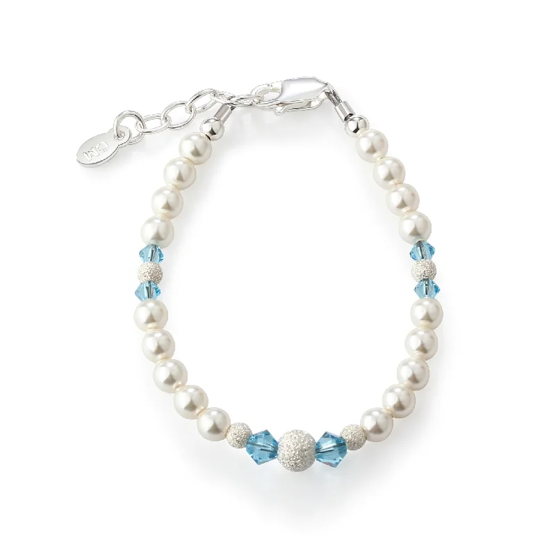 Rustic cameo bracelets-SALE! Girls Sterling Silver Simulated Pearl Baby Bracelet with Aqua Crystals Jewelry for Kids