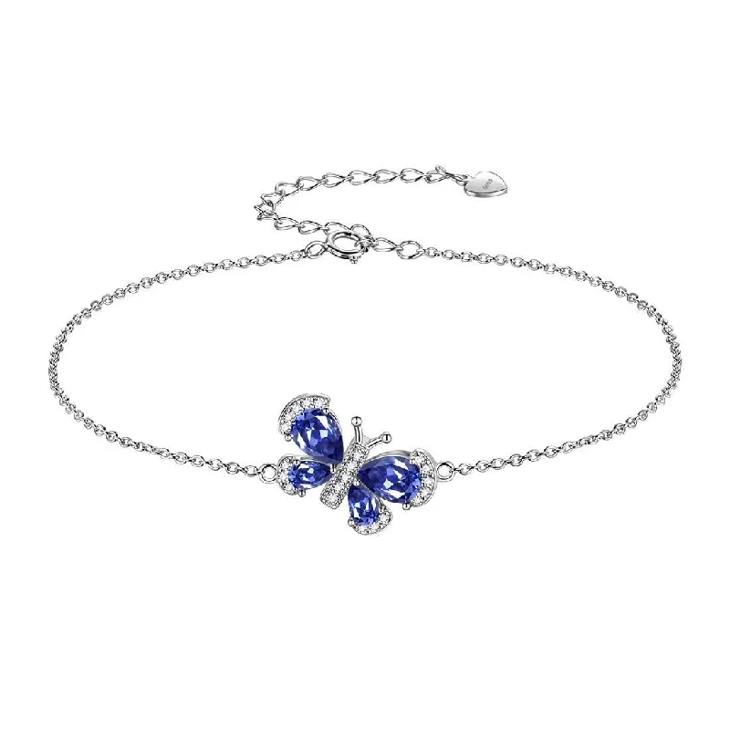 Blended metal bracelets-Butterfly Bracelet Birthstone December Tanzanite Crystal Women Girls Jewelry Birthday Gift