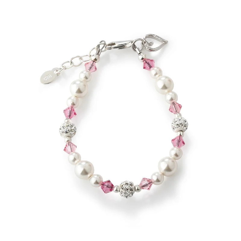 Round link bracelets-Little Girls Sterling Silver Baby Bracelet with Simulated Pearls and Pink Crystals with Heart