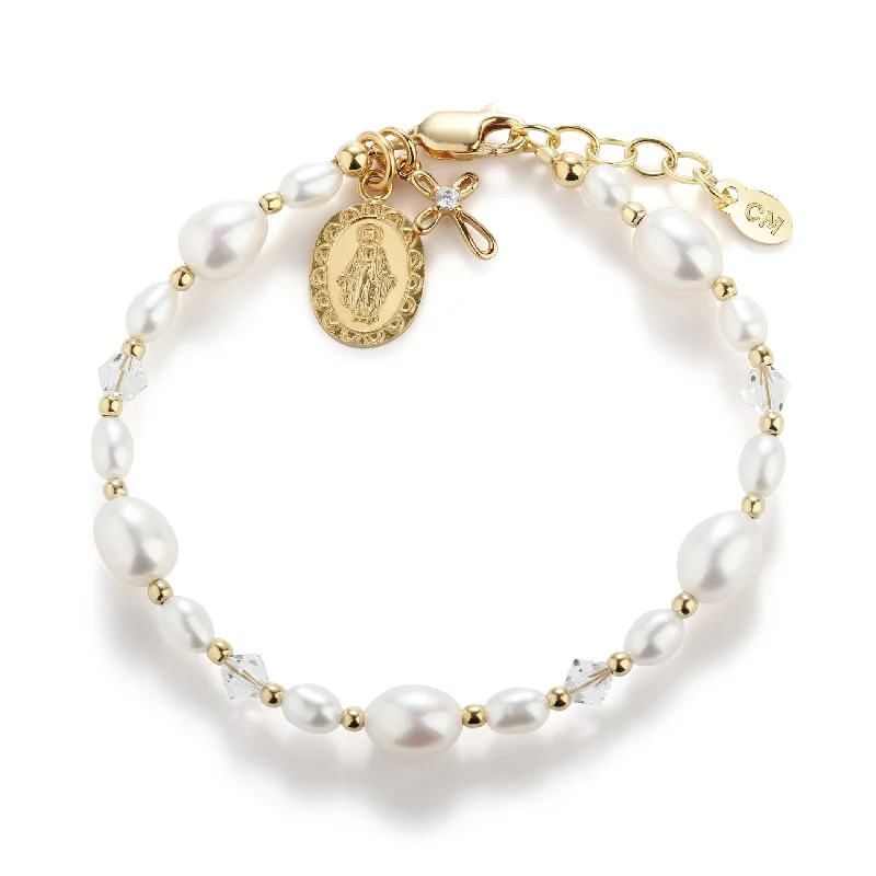 Shiny druzy bangles-Girls 14K Gold-Plated First Communion Bracelet with Miraculous Medal