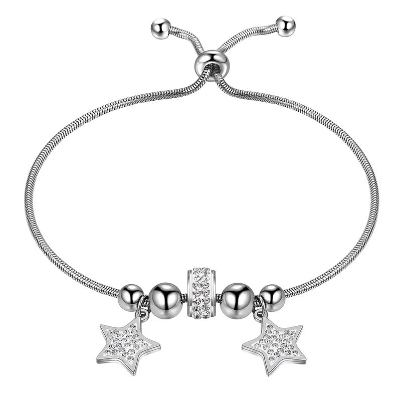 Hand-cast bangles-Charm Bead Lucky Star Link Bracelets Women Jewelry Stainless Steel