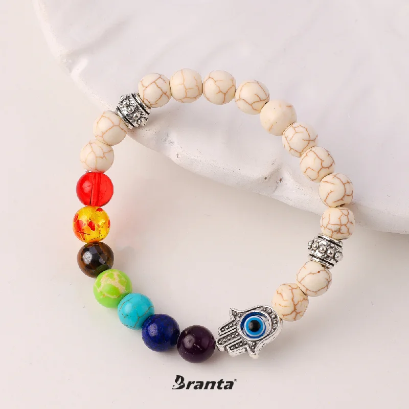 Neat modern bracelets-7 Chakra + Howlite White + Silver Hamsa Hand Evil Eye Bracelet For Men