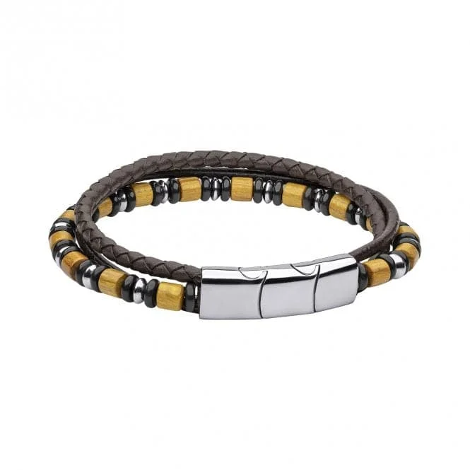 Java tile bracelets-Stainless Steel Multi Layered Leather Bracelet with Wood and Black Onyx Beads Bracelet B5461