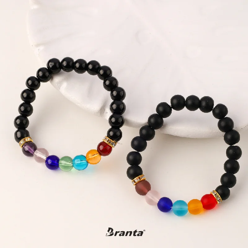 Gem link bracelets-7 Chakra Black Stone Bracelet For Men Combo