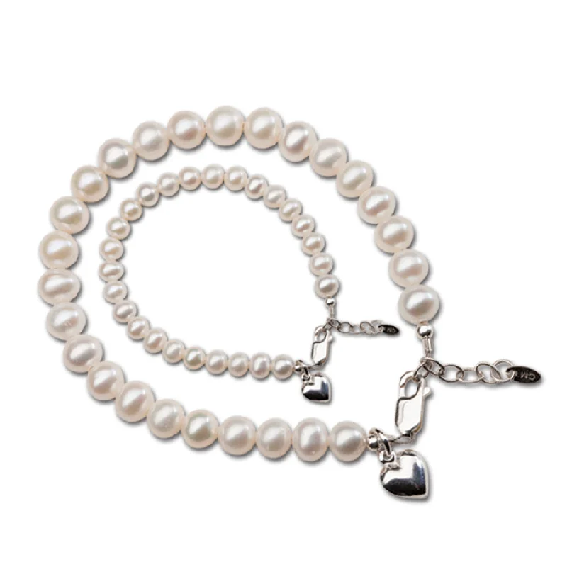 Garnet bead bangles-Mom and Me Pearl Bracelet Set - Silver Hearts