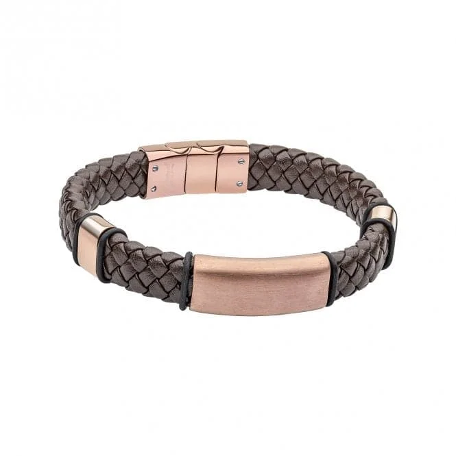 Bold stone bracelets-Coffee Plated Stainless Steel Brown Woven Leather Bracelet B5467