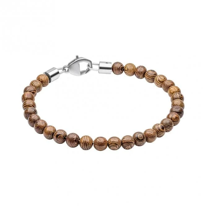 Coiled thread bangles-Stainless Steel Round Brown Wood Beads Bracelet B5463