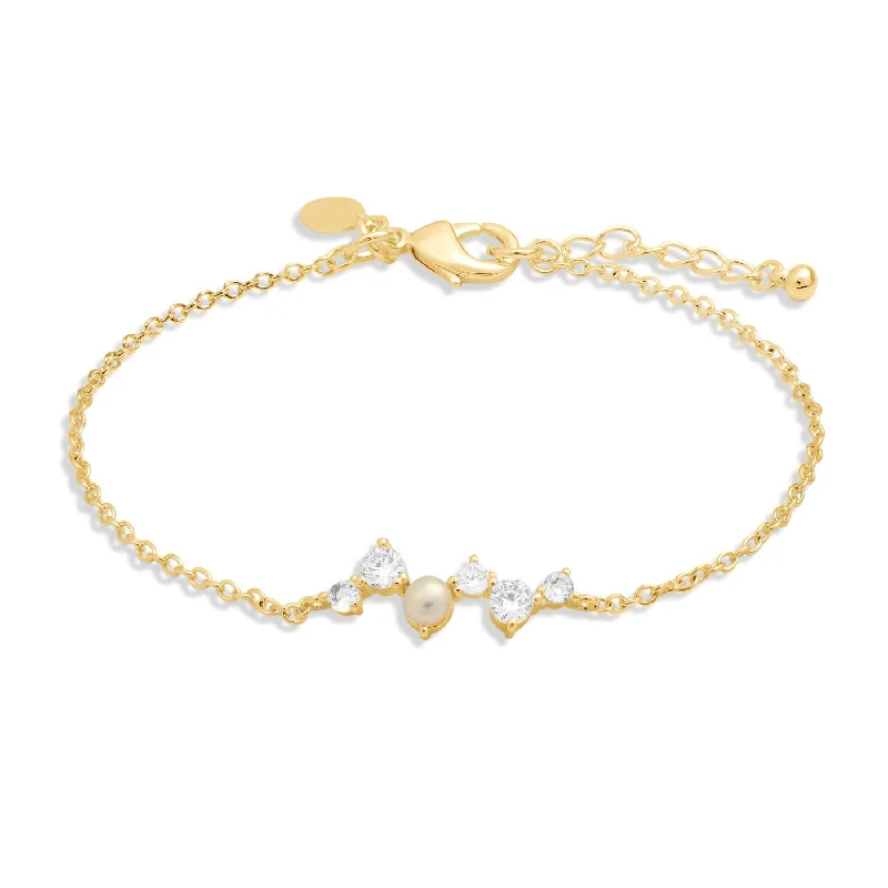 Elegant art bracelets-Halo Pearl Cubic Zirconia & Pearl Cluster Gold Plated Bracelet 8101