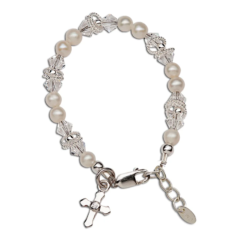 Elastic bangle bracelets-Krista - Sterling Silver Pearl Cross Bracelet for Baptism or First Communion