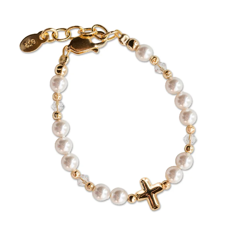 Dove feather bracelets-14K Gold-Plated Simulated Pearl Bracelet with Cross Baptism or First Communion Gift