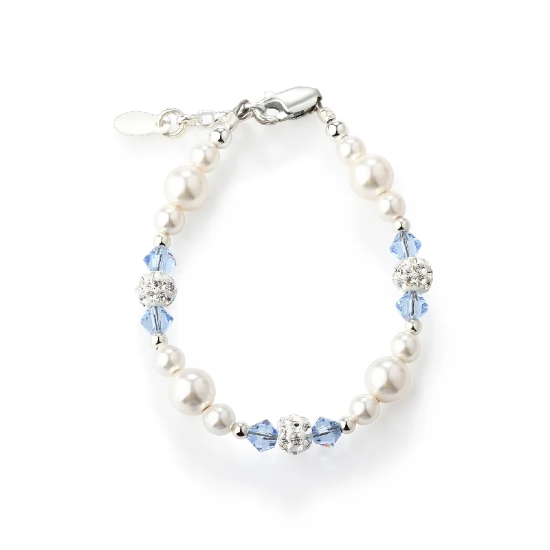 Slim stack bracelets-Girls Sterling Silver Simulated Pearl and Blue Crystal Kids Bracelet