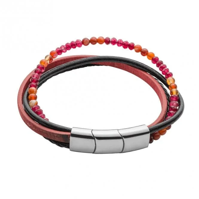 Shiny druzy bangles-Carnelian Discs Red Agate Double Black Leather Red 22cm Bracelet B5442R