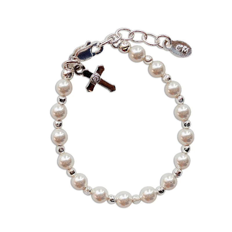 Thread wrap bracelets-Children's Sterling Silver Simulated Pearl Cross Bracelet